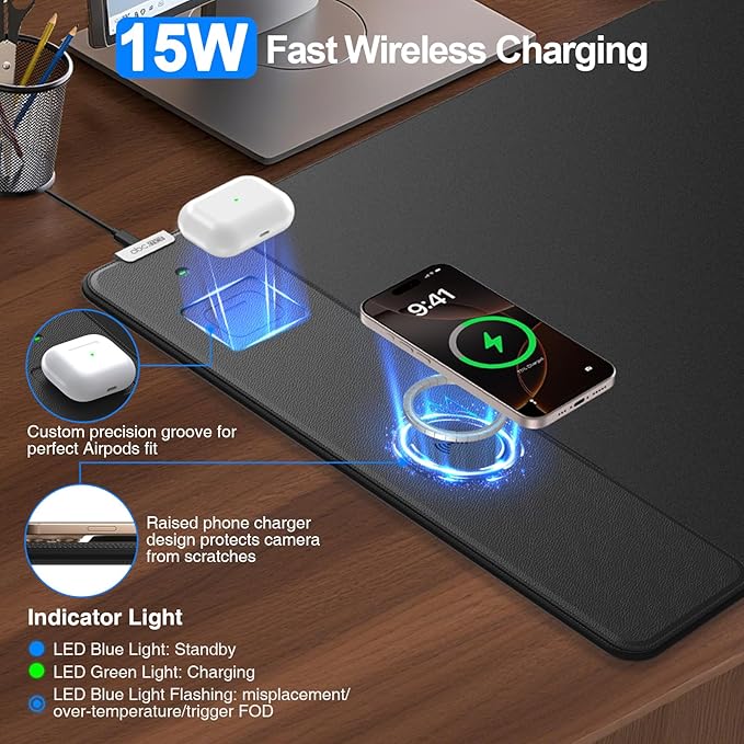 Mouse Pad with Magnetic Wireless Charger, 31.5"x15.8" Large Gaming Desk Mat, Non-Slip Base, Waterproof Ultra-Smooth Keyboard Pad for Gamer, Office & Home, Black