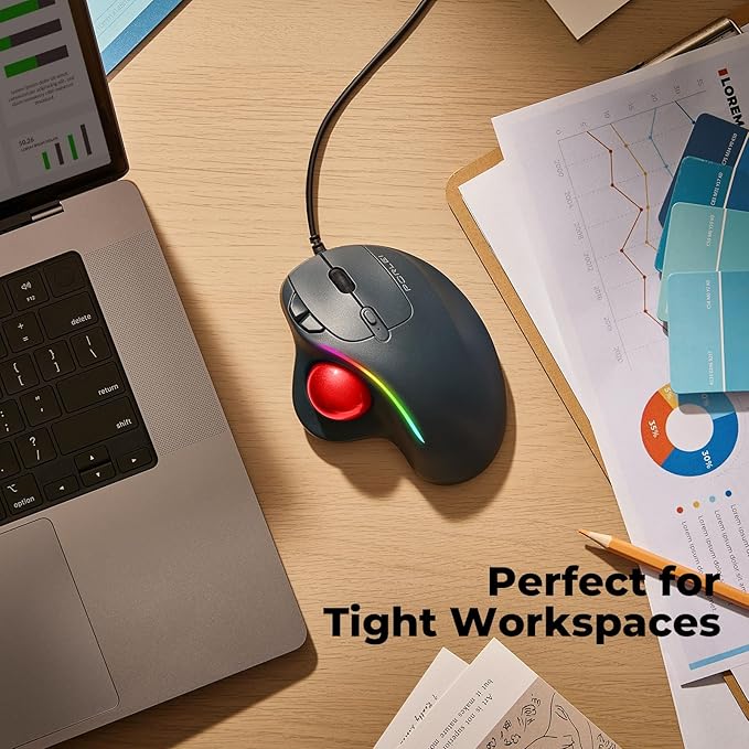 Wired Trackball Mouse with RGB Lighting, Ergonomic Thumb Control to Reduce Muscle Strain, 5 Adjustable DPI, Dual USB-C & USB-A Connectivity