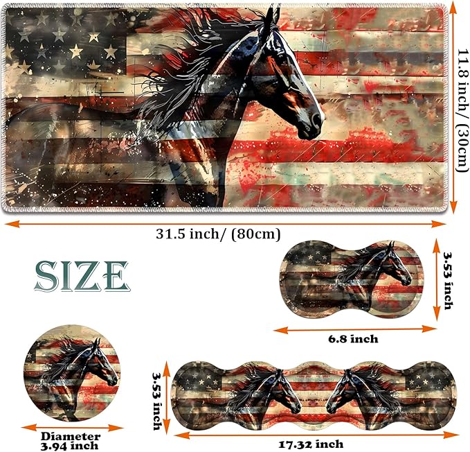 Large Gaming Mouse Pad + Keyboard Wrist Rest + Wrist Support + Coaster Set, Memory Foam Ergonomic for Easy Typing, XXL Extended Gaming Mouse Pad Table Pad - Flag Horse American