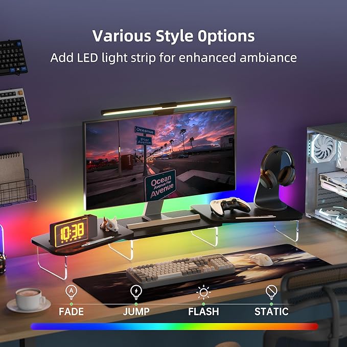 LED Dual Monitor Stand Riser for 2 Monitors,Office Desktop Wooden Stand Adjustable Length and Angle 3 Shelf,Extra Long Multifunctional Stand up to 39.3" for Computer,Laptop,TV,Black