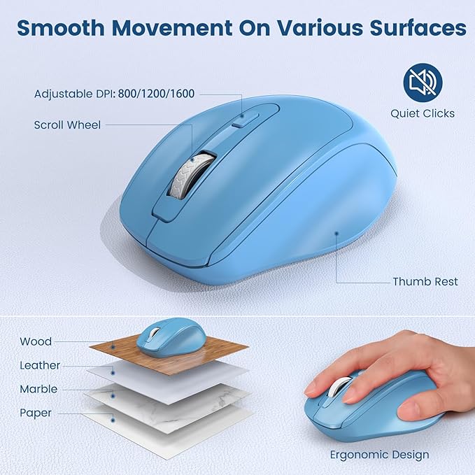 Wireless Keyboard and Mouse Combo, Retro Round Keycaps, Full-Size Stylish Typewriter Keyboard with Phone/Tablet Holder, Ergonomic Mouse with 3-Level DPI, 2.4GHz Connection for Windows/PC (Sky Blue)