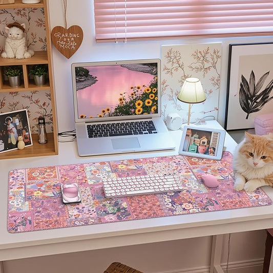 HAOCOO Rose Desk Cover Mat, Cute Floral Keyboard Mat with Stitched Edges, Pink Non-Slip Table Mat Desk Protector for Home Decor, 35.4“ x 15.7" Waterproof Mouse Pad for Office