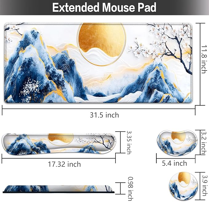 Large Mouse pad and Keyboard Support Set, Ergonomic Memory Foam Keyboard Wrist Rest, Extended Gaming Mouse Pad with Stitched Edges, Porcelain Sakura Bloom Art XXL Desk Mat (31.5 X 11.8 in)