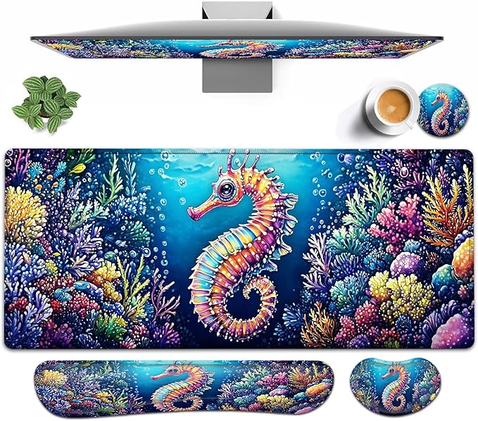 Large Mouse pad and Keyboard Support Set, Ergonomic Memory Foam Keyboard Wrist Rest, Extended Gaming Mouse Pad with Stitched Edges, Cute Seahorse XXL Desk Mat (31.5 X 11.8 in)