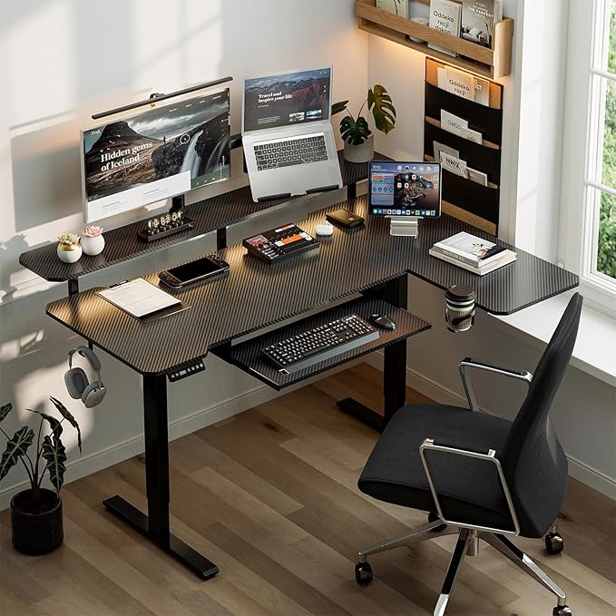 59 Inch L Shaped Standing Desk with Shelves and Keyboard, Electric Corner Standing Desk Adjustable Height, Sit Stand Computer Table with Reversiable Splice Board,Black Carbon Top