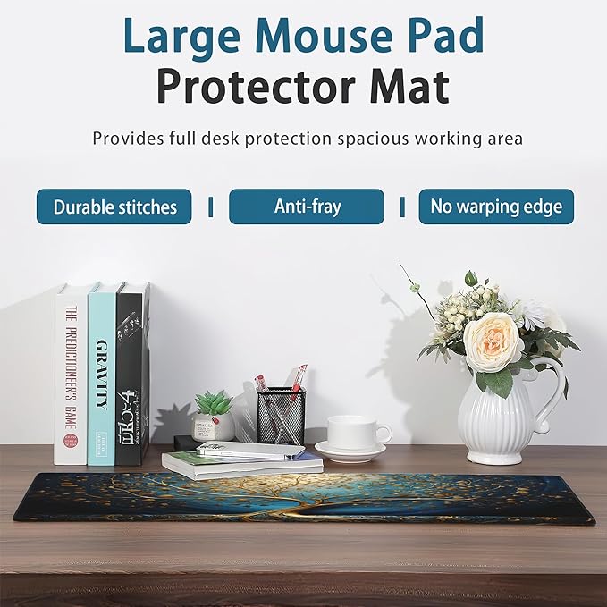 Desk Mat,Blue Golden Tree and Waves Extended Gaming Mouse Pad Large, 31.5"x11.8" 3D Modern Art Landscape Mouse Pad with Non-Slip Base and Stitched Edge,Computer Keyboard Mouse Mat for Home Office