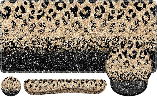 iLeadon Mouse Pad Set, Desk Mat + Mouse Pad with Wrist Rest + Keyboard Wrist Rest + Coaster, 4in1 Leopard Mouse and Keyboard Pad Set for Home Office, Black Gold Leopard