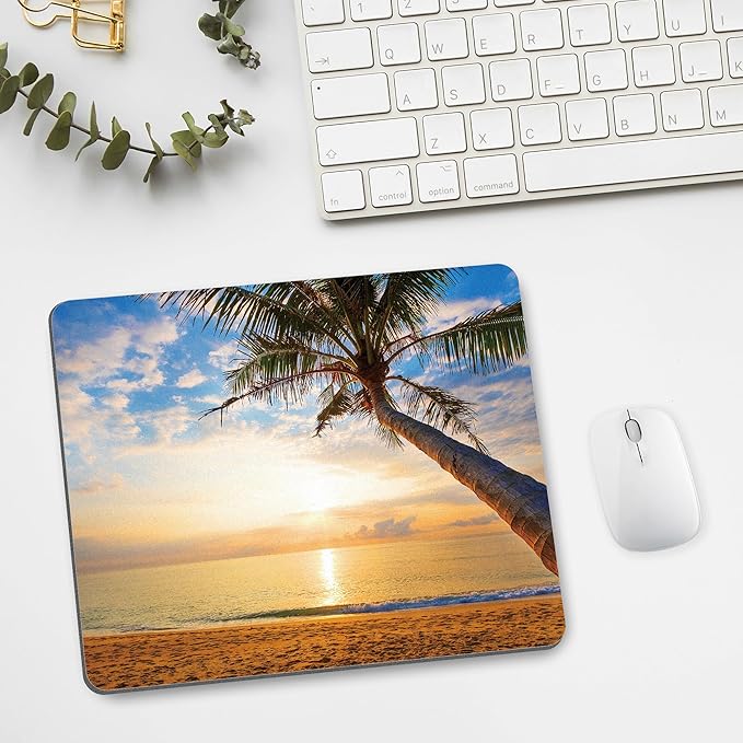 Summer Tropical Beach Mouse Pad Ocean Gold Sunrise Square Laptop Mousepad Custom Desk Aesthetic Computer Gaming Office Small Cute Palm Tree Portable Non-Slip Wireless Mat Washable Decor Accessories