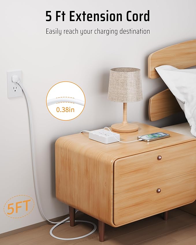 Surge Protector Power Strip with Flat Plug, 5 FT Extension Cord with 6 AC Outlets 4 USB Ports(2 USB-C),1050J Surge Protection, Wall Mountable Charging Station for Office, Home, White