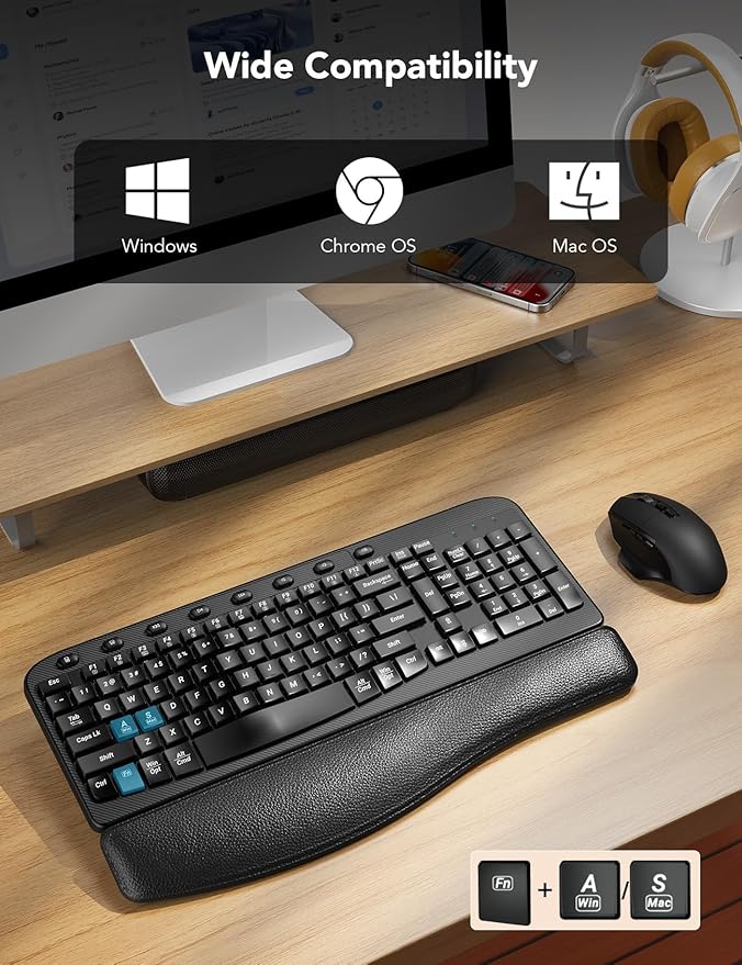 Wireless Keyboard and Mouse Combo – Ergonomic Wave Key, Built-in Leather Soft Palm Rest, 2.4G Full Size, 6-Button Mouse with 4-Level DPI, Dual USB-A/USB-C, MA12 for Windows & macOS Compatible- SABLUTE