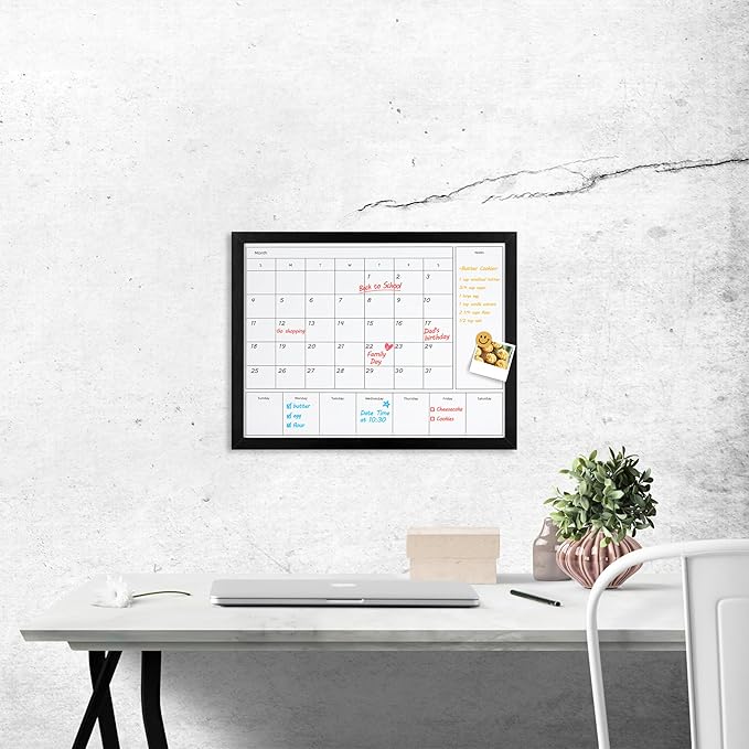 3-in-1 Wall Calendar Whiteboard, 17x13 Inch Magnetic Monthly & Weekly Dry Erase Board with Black Wood Frame, Ideal for Office, Kitchen & Family Planning(DH-3in1-3343)