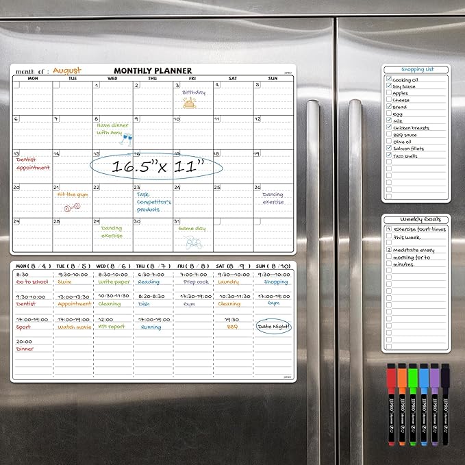 JJPRO Magnetic Dry Erase Calendar for Refrigerator-Reusable Monthly Calendar Starts Monday,Weekly Planner&to Do List for Fridge-Magnetic Monthly,Weekly Planner&List 2pcs-16.5x11"
