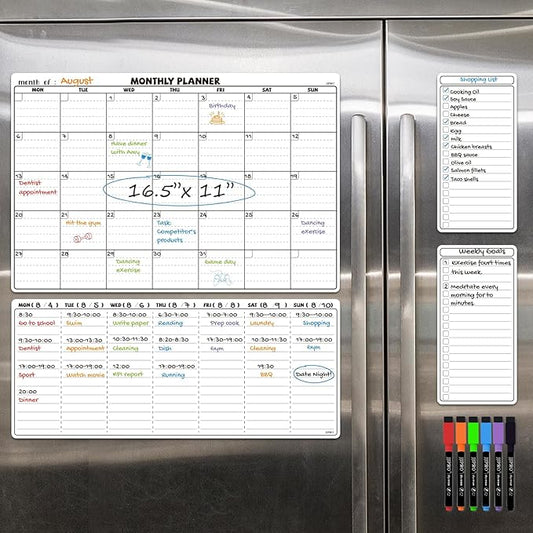 JJPRO Magnetic Dry Erase Calendar for Refrigerator-Reusable Monthly Calendar Starts Monday,Weekly Planner&to Do List for Fridge-Magnetic Monthly,Weekly Planner&List 2pcs-16.5x11"