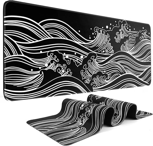 Gaming Mouse Pad - Large 31.5 x 11.8 in Black and White with Stitching Edges, Non-Slip Rubber Base Large Mouse Mat and Keyboard Pad (Sea Wave)