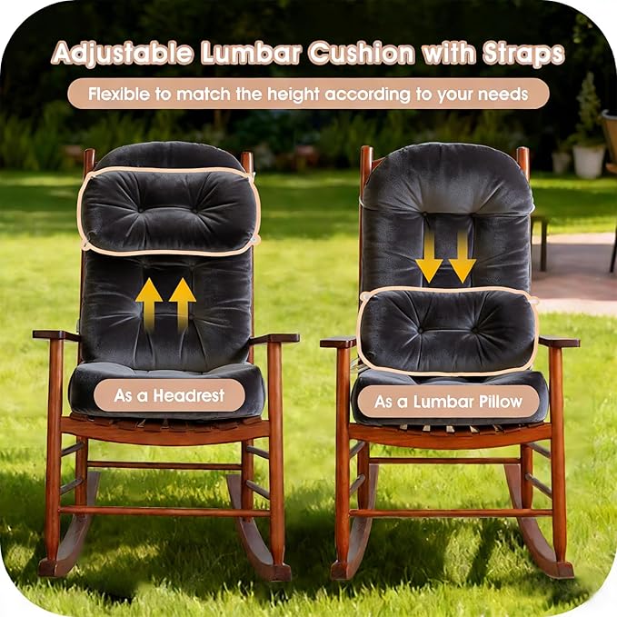 Rocking Chair Cushion Indoor Large Chair Pads Set with Ties Extra Lumbar Pillow Premium Dutch Velvet High Resilience Filler Non-Slip Bottom, Grey