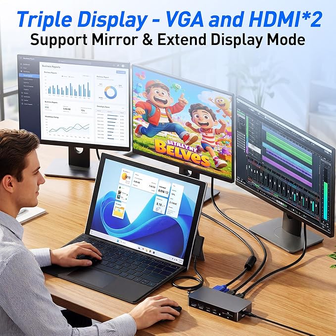 Surface Pro Docking Station - Triple Display with Dual HDMI 4K, VGA, 2X USB-C, 2X USB 3.0, Ethernet, SD/TF Card Reader & 3.5mm Audio for Surface Pro 11/10/9, Surface Laptop, Book, Go
