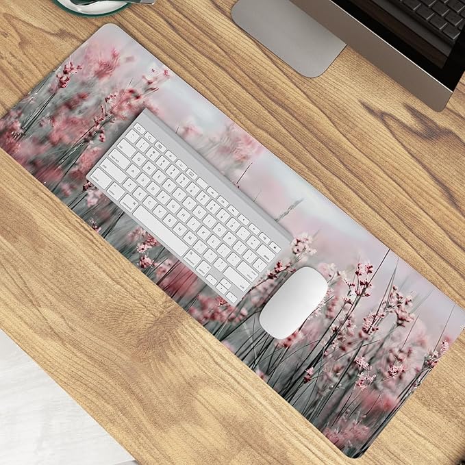 Pink Lavender Floral Mouse Pad,XL Large Spring Summer Meadow Mouse Pads,Aesthetic Cottagecore Flower Desk Mat,Impressionist Botanical Grass for Home Office Dorm Desktop Decor,31.5x11.8 Inch