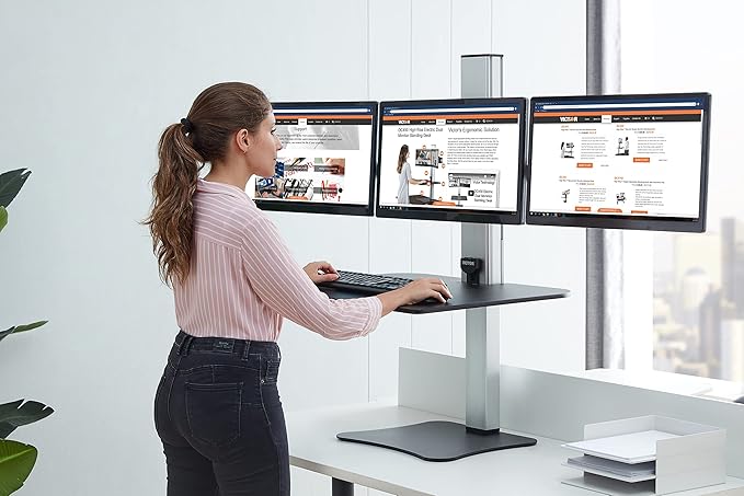 Victor DC475 High Rise Electric Triple Monitor Standing Desk Converter | Three Large Monitor Sit-Stand Desk | 28” Wide Work Surface | Compatible with Any Standard Desk | Adjustable Monitor Holder