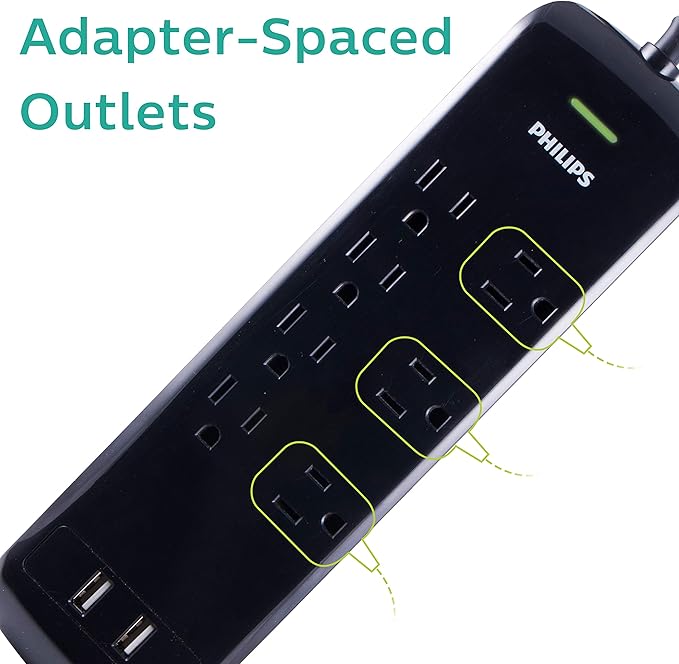 Philips 7 Outlet Power Strip Surge Protector, 2 USB Charging Ports, 4ft Power Cord, Flat Plug, Wall Mount, 1440 Joules, ETL Listed, Circuit Breaker, Automatic Shutdown, Black, SPP6270BC/37