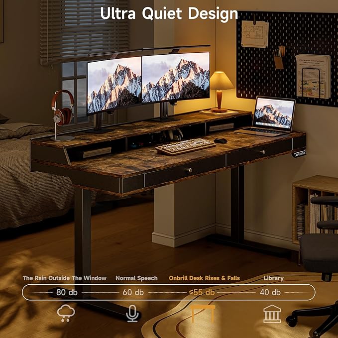 ONBRILL Standing Desk with Drawers, 63x23.6 Electric Stand Up Desk with Storage Shelf and Memory Controller, Sit Stand Desk Adjustable Height from 28-46" for Computer Workstation, Rustic Brown