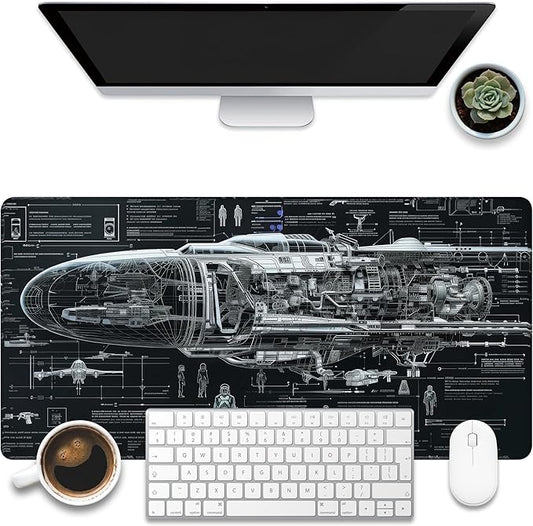Large Gaming Mouse Pad for Desk, Spaceship Detailed Blueprint Desk Mat, Spacecraft Assembly Diagram Desk Pad, 31.5"x15.7" Extended Big Keyboard Mouse Pad with Non-Slip Base and Stitched Edge