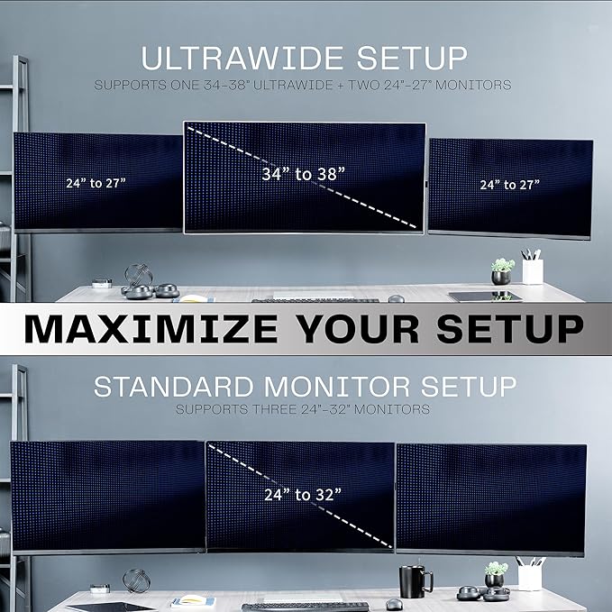 VIVO Premium Triple Monitor Wall Mount for 3 Screens up to 22 lbs, Fits up to 38 inch Ultrawides on Center Bracket, Adjustable Telescoping Arms, Flush Wall Setup, Black, MOUNT-TS03C