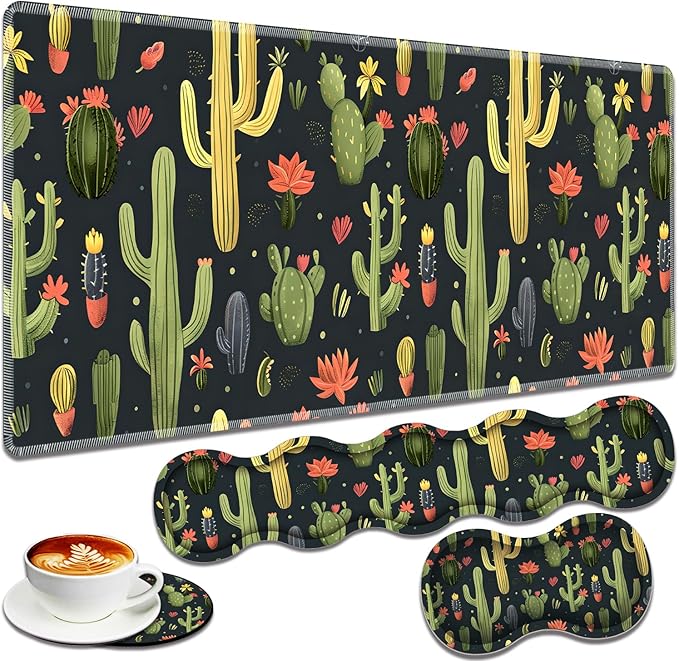 Large Gaming Mouse Pad + Keyboard Wrist Rest + Wrist Support + Coaster Set, Memory Foam Ergonomic for Easy Typing, XXL Extended Gaming Mouse Pad Table Pad - Cactus