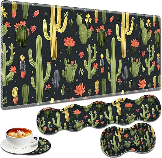 Large Gaming Mouse Pad + Keyboard Wrist Rest + Wrist Support + Coaster Set, Memory Foam Ergonomic for Easy Typing, XXL Extended Gaming Mouse Pad Table Pad - Cactus
