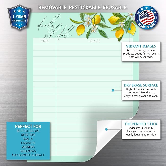 Dry Erase Daily Schedule Planner Sticker Decal by Glassboard Studio | Removable & Reusable | Magnetic Fine-Tip Marker Included (9 x 12 inches, Vintage Lemon)