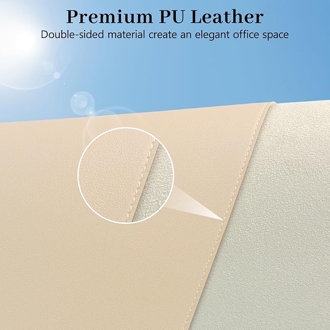 Beige Leather Desk Mat Large Mouse Pad, Waterproof Desk Pad for Keyboard and Mouse, Non-Slip Computer Desk Protector, Smooth Mouse Movement Desk Mat for Home and Office(31.5"×15.7")