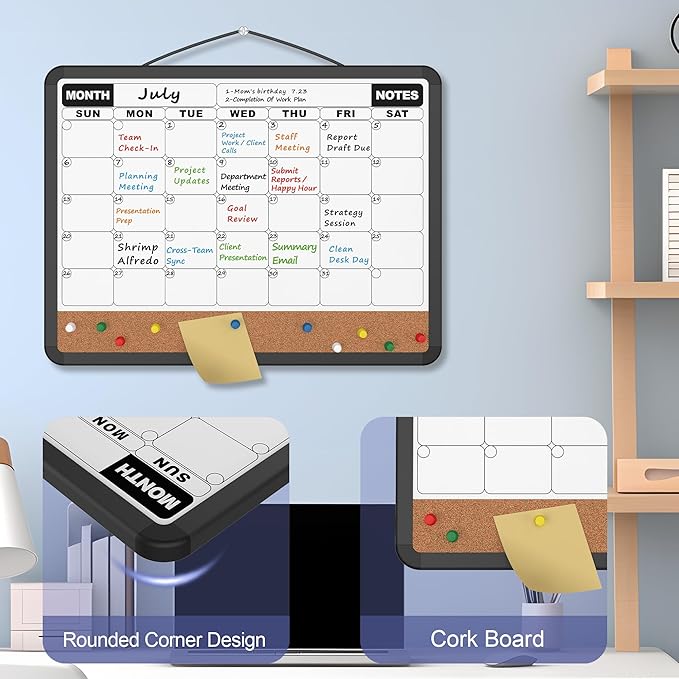 Monthly Calendar Dry Erase Board 16x12 Inch, Double-Sided Whiteboard and Corkboard Combo with Black Plastic Frame, Wall Mounted Planner Organizer with Markers, Magnets, Push Pins, Eraser