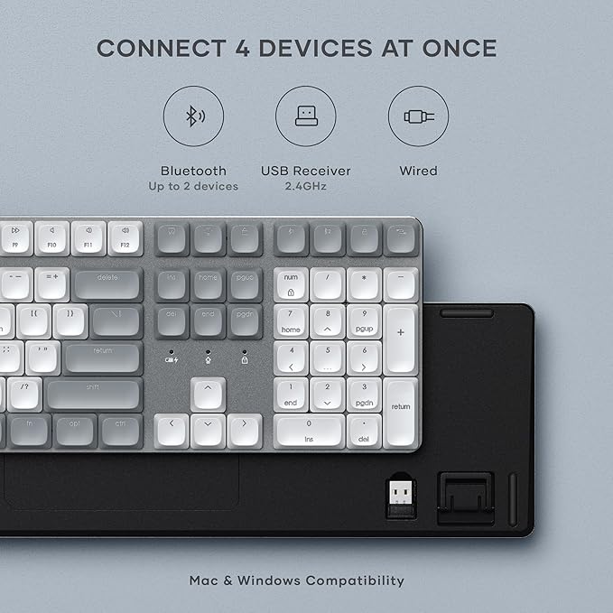 Satechi SM3 Mechanical Keyboard for Mac and Windows, 108 Keys Full Size with White LED Backlit, Wired and Bluetooth for Mac and Windows - Light Gray/White