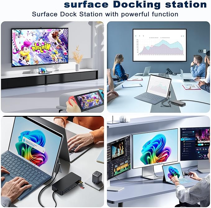 MS Surface Dock Triple Displays 4K@60Hz HDMI+ USB C + DP with 120W Power Adapter,Surface Pro Docking Station for Microsoft Surface Pro 12/11/10/9/8/7,Surface Laptop7/6/5/4/Surface Go