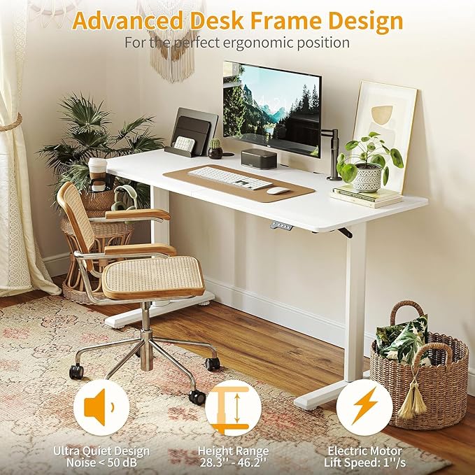 FEZIBO Height Adjustable Electric Standing Desk, 44 x 24 Inches Stand up Table, Sit Stand Home Office Desk with Splice Board, White