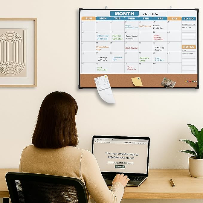 Monthly Calendar Dry Erase Board 36x24 Inch, Double-Sided Whiteboard and Corkboard Combo with Black Aluminum Frame (Color Calendar), Wall Mounted Planner with Marker, Magnet, Push Pin, Eraser