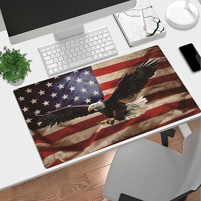 EOBTAIN Gaming Large Mouse Pad Vintage American Flag Desk Mat for Keyboard and Computer 31.5x15.7 Inch Non-Slip Rubber USA Bald Eagles XXL Mousepad with Stitched Edges for Office Laptop and Home