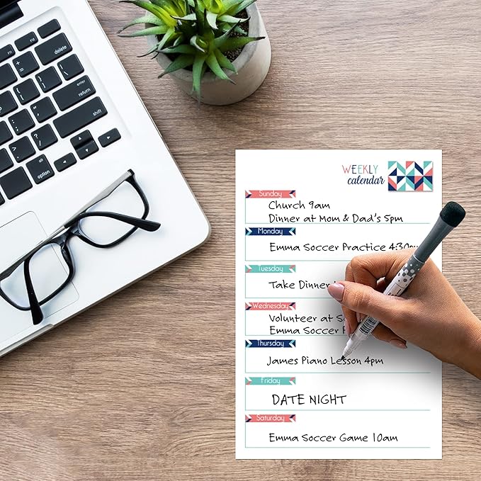 Dry Erase Weekly Calendar Planner Sticker Decal | Removable & Reusable | Magnetic Fine-Tip Marker Included (6 x 9 inches, Geometric)