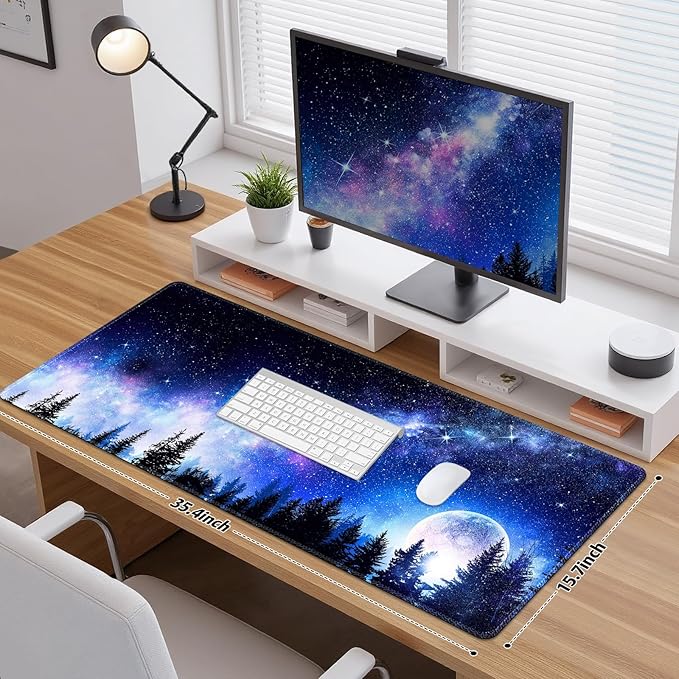 Mouse Pad, Cute Cool XXL Large Desk Mat for Desk Cover, Anti-Slip Big Mousepad with Stitched Edges, Keyboard Mat for Computer Desktop Table Protector I Galaxy Moon Pines