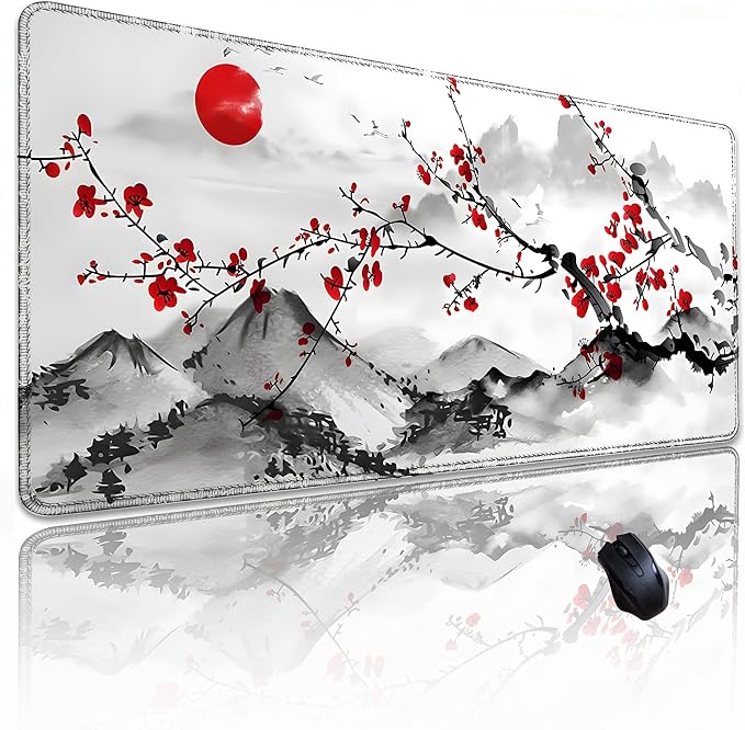 Japanese Sakura Mouse Pad 31.5x11.8 Inch Watercolor Cherry Blossom Floral White Desk mat Large Non-Slip Rubber Base Waterproof with Stitched Edges for Gaming and Office(Red Moon)