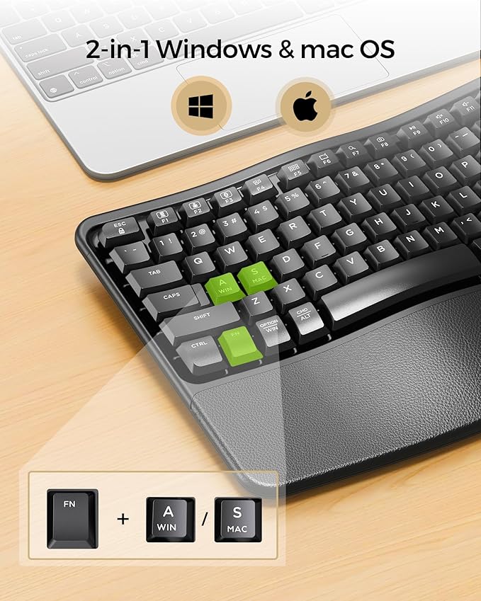 seenda Bluetooth Ergonomic Keyboard and Mouse, COE310 3 Multi-Device Connectivity, Rechargeable Wave Wireless Keyboard Mouse Combo, Compatible for Windows/macOS/PC/Laptop/MacBook/iPad - Black