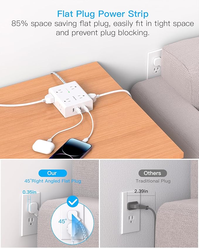Surge Protector Power Strip 20 Ft Cord, Ultra Thin Flat Extension Cord with 8 Outlets 4 USB Ports(2 USB C), Flat Plug Power Strip, 20 Ft Long Braided Power Cord for Home, Office, Dorm Room Essentials