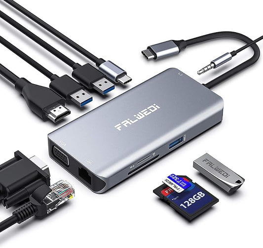 USB C Hub, Type C Adapter, FALWEDI 10-in-1 Dongle with Ethernet, 4K@30Hz HDMI, VGA, 3 USB3.0, SD/TF Card Reader, Mic/Audio, USB-C PD 3.0, Compatible for MacBook Air Pro and Other Type C Laptops