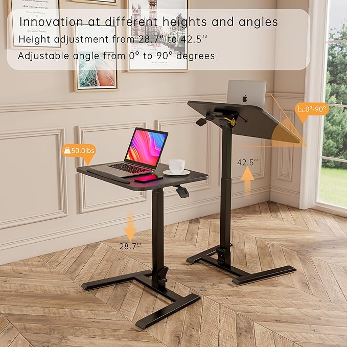 25 Inch Mobile Folding Desk - No Assembly, Pneumatic Sit-Stand, 29-42" Height Adjustable Rolling Laptop Desk with Hidden Wheels, 0-90° Tilt Top for Home Office, Craft & Study