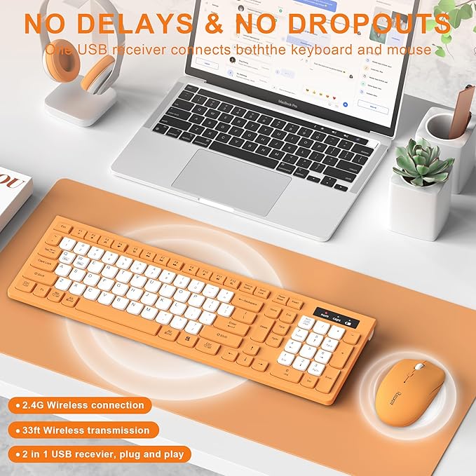 Wireless Keyboard and Mouse Combo, Full-Sized Wireless Keyboard and Adjustable DPI Mouse, 2.4GHz USB Receiver, Keyboard and Mouse for PC, Windows, Desktop, Laptop (Orange-B)
