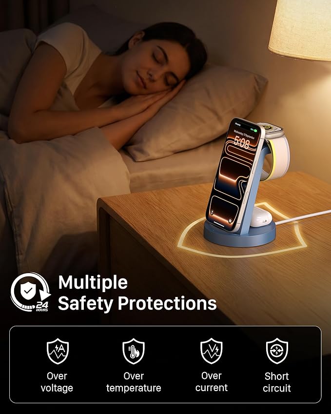 Anlzm 3 in 1 Charging Station for iPhone, Wireless Charger for iPhone 17 16e 16 15 14 13 12 11 X Pro Max & Apple Watch - Charging Stand Dock for AirPods (Blue)