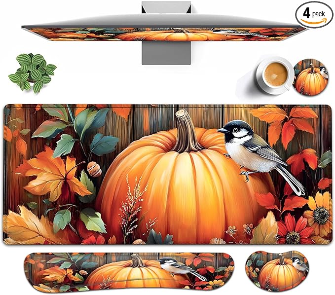 Large Mouse pad and Keyboard Support Set, Ergonomic Memory Foam Keyboard Wrist Rest, Extended Gaming Mouse Pad with Stitched Edges, Fall Pumpkins and Bird XXL Desk Mat (31.5 X 11.8 in)
