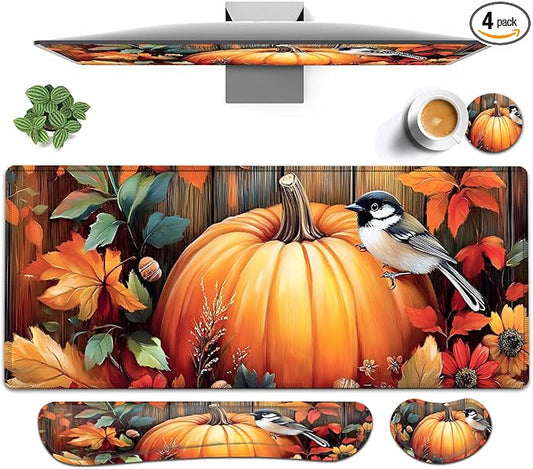 Large Mouse pad and Keyboard Support Set, Ergonomic Memory Foam Keyboard Wrist Rest, Extended Gaming Mouse Pad with Stitched Edges, Fall Pumpkins and Bird XXL Desk Mat (31.5 X 11.8 in)