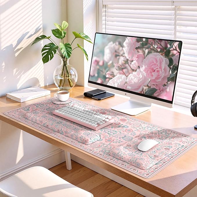 iLeadon Desk Matt for Desktop, Non Slip Base Ergonomic Mouse Pad with Wrist Rest, Wrist Pad for Keyboard, Gaming Mouse Pad Large, Anti-Fatigue Desk Mat with Wrist Support (Pink)