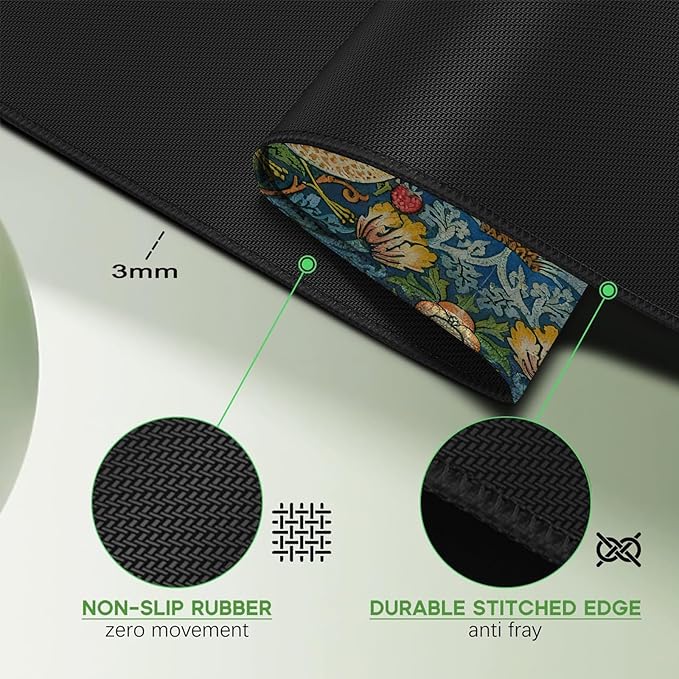 William Morris Mouse Pad, Large the Strawberry Thief Desk Mat with Famous Flower-and-Bird Art, Micro-Woven Fabric and Sewn Edge, for Office and Laptop Use, 31.5 x 11.8 Inches