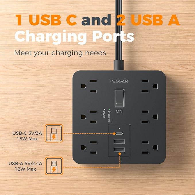 TESSAN Black Surge Protector Power Strip, Flat Plug Extension Cord 5 FT with 6 Outlets 3 USB Charger (1 USB C), 1700J Protection Multiple Outlets Charging Station for Home, Office, College Dorm Room